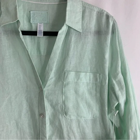 NWT Sigrid Olsen Mint Green Linen Button-Up Tunic, Size M - Picture 5 of 11
